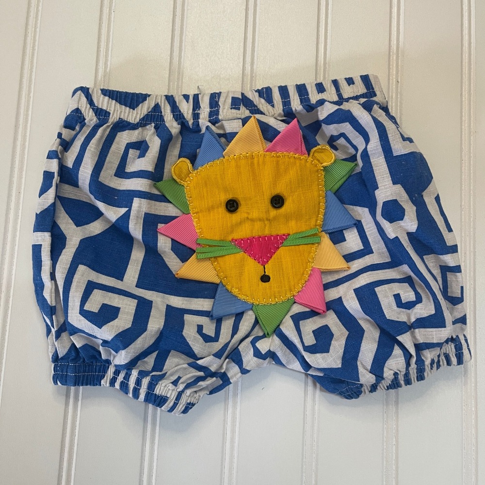 Mud Pie Baby Lion Bloomers Blue White Greek Key Diaper Cover 0-12M Cotton